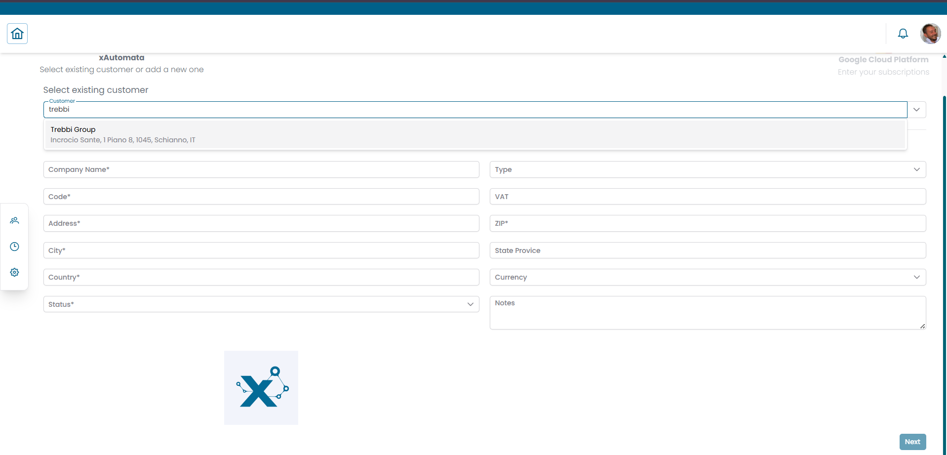 Registration step 1 — customer selection